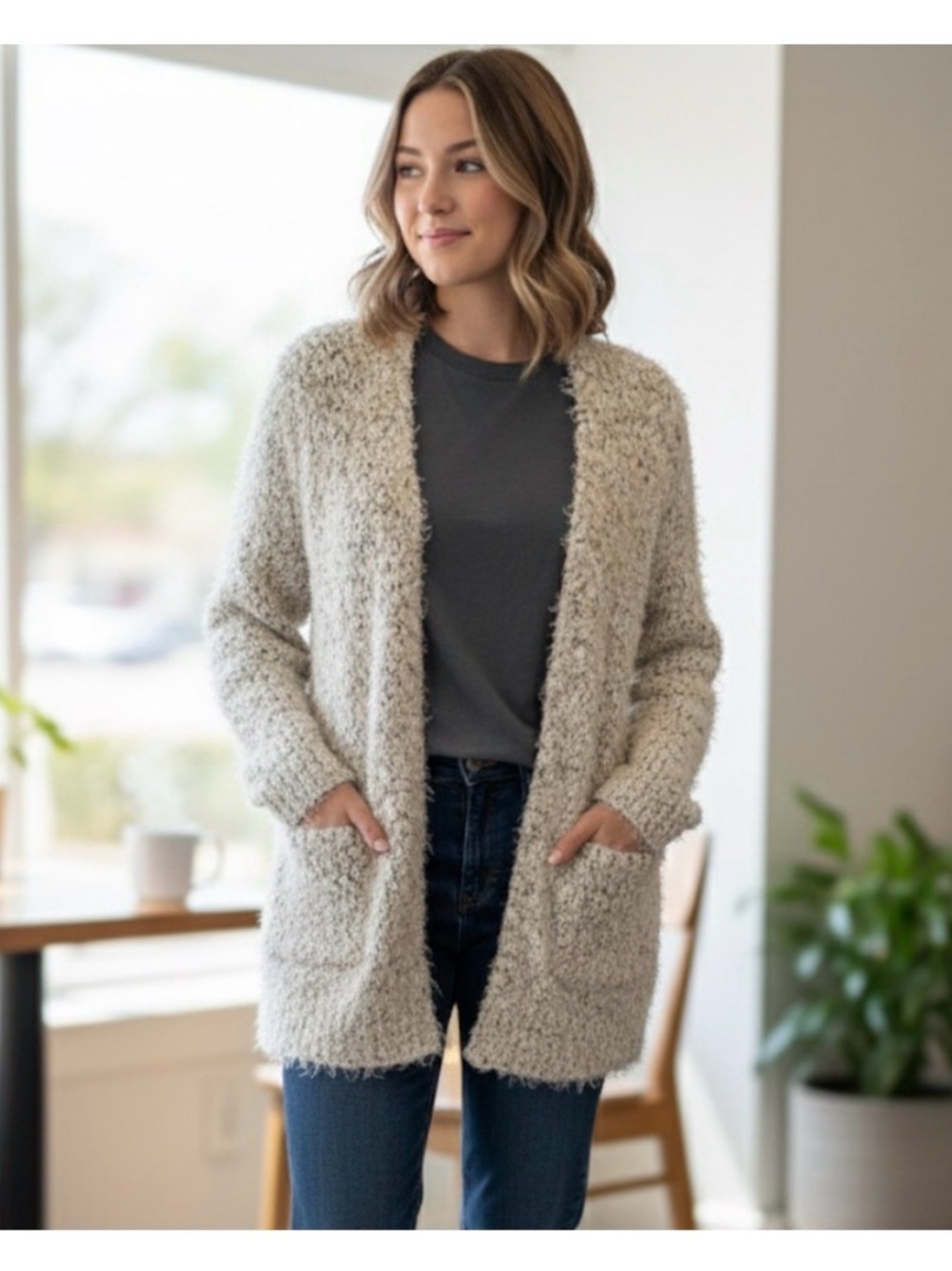 Cotton Emporium M Eyelash Bouclé Knit Fuzzy Open Front Longline Cardigan Oatmeal